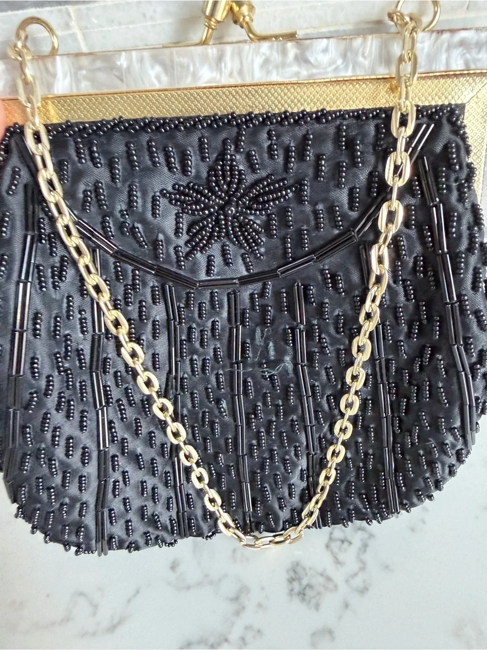 Vintage 1980’s Black Beaded Evening Shell Bag with Gold Chain and hinging clasp